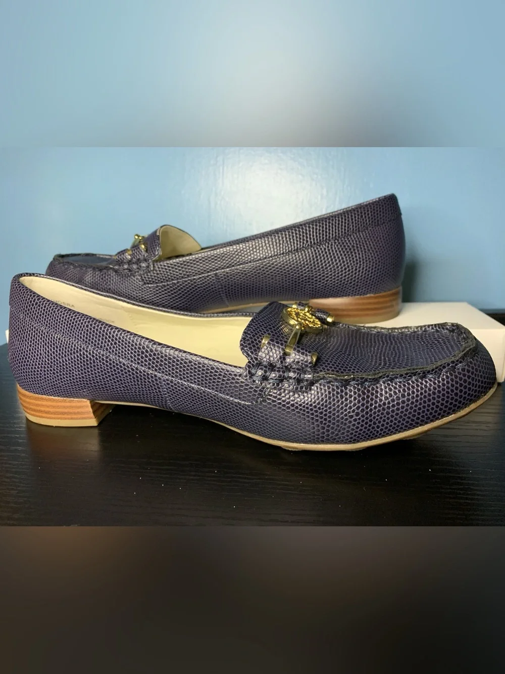 Anne Klein Navy Textured Leather Loafers with Gold Accent